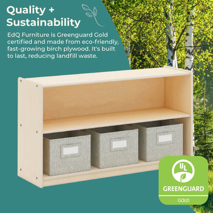 Guidecraft EdQ Two Shelf Open Storage 24'' Natural with 3 Fabric Bins: Wooden Multi-Purpose Bookcases and Toy Storage Organizer; Homeschool and Classroom Furniture