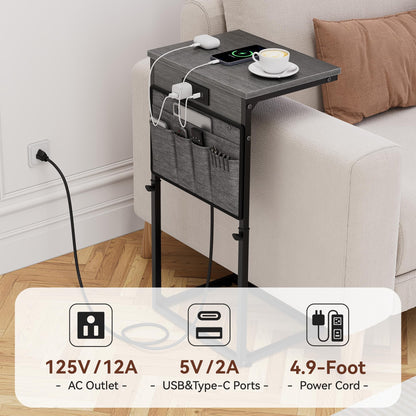 Vagusicc C Shaped End Table with Charging Station, 33" Tall Side Table for Couch, Sofa Table Adjustable Height Couch Side C Table, Slide Under Sofa Tray Table for Living Room Bedroom, Gray Walnut
