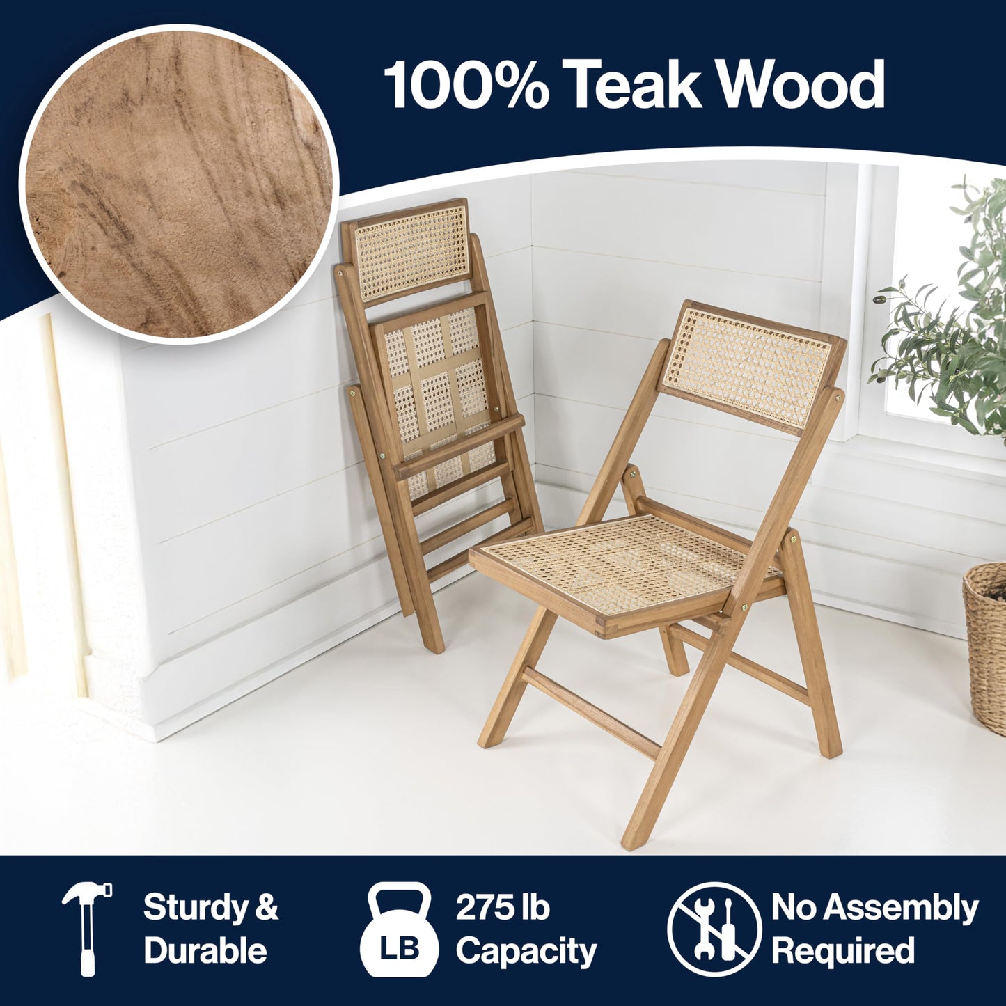 JONATHAN Y Theo Teak Wood and Rattan Folding Chairs Set of 2 for Dining and Living Room, Mid-Century Woven Cane Armless Portable Indoor Accent Seats, Natural Light Brown FLD1000A-SET2