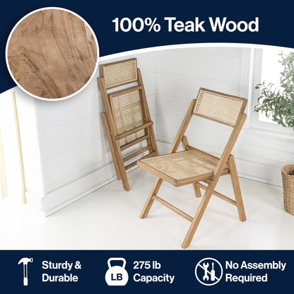 JONATHAN Y Theo Teak Wood and Rattan Folding Chairs Set of 2 for Dining and Living Room, Mid-Century Woven Cane Armless Portable Indoor Accent Seats, Natural Light Brown FLD1000A-SET2