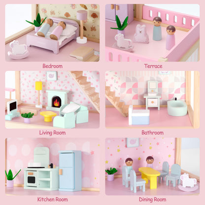 Pillowhale Wooden Dollhouse for Girls 3-Story Open Layout Playhouse with Furniture Accessories Pretend Play Role-Playing Toy Birthday Gift for Kids Ages 3+
