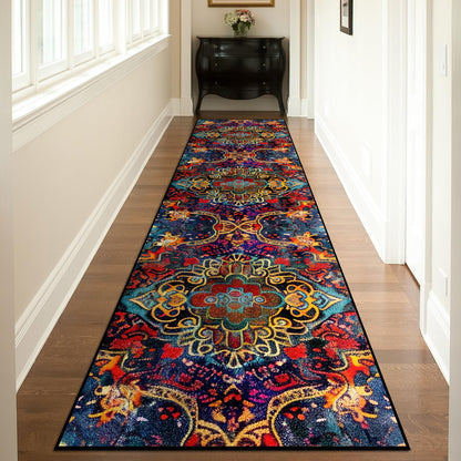 Washable Corridor Runner Rug, Non-Slip Dark Red Hallway Rug Runner with Upgrade Rubber Backing, Stain Resistant Faux Wool Distressed Carpet for Bedroom Kitchen Laundry Corridor Balcony (94.5" x 23.6")