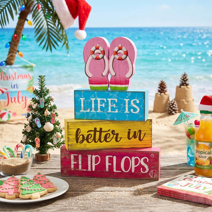 Yuntau 4 Pcs Summer Decorations for Home Flip Flops Table Decorations Wooden Sign Beach Table Centerpiece Summer Tiered Tray Decor Decorative Faux Book Stack Block for Office Coffee Mantel Shelf