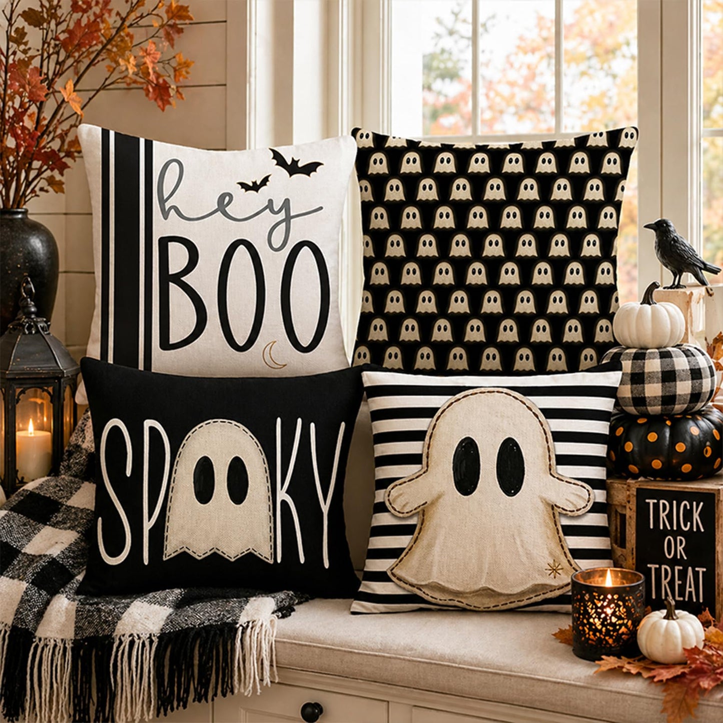 Juynyyn Halloween Hey Boo Cute Ghost Spooky Throw Pillow Covers, 18 x 18 Inch Horror Scary Cushion Case for Sofa Couch Set of 4