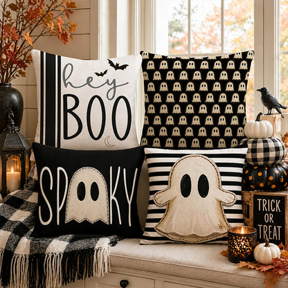 Juynyyn Halloween Hey Boo Cute Ghost Spooky Throw Pillow Covers, 18 x 18 Inch Horror Scary Cushion Case for Sofa Couch Set of 4