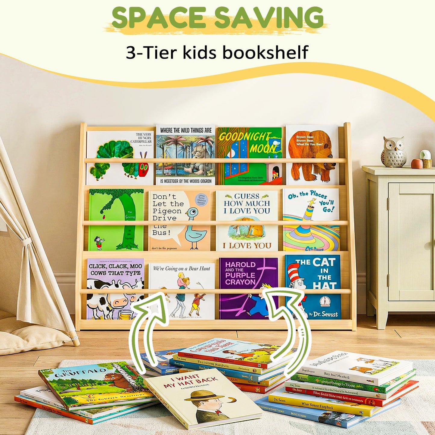 XiaZ Kids Bookshelf, Wooden Montessori Bookshelf for Toddlers with Front-Facing Display, Baby Book Display Shelves for Small Spaces, Childrens Book Organizer for Playroom, Nursery & Classroom, 3-Tier