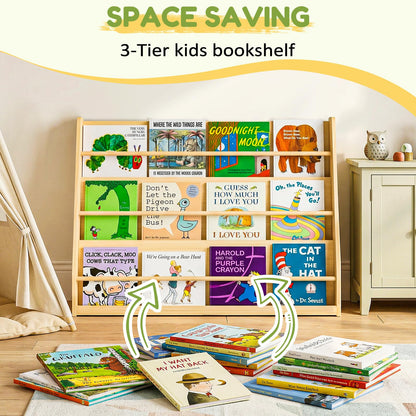 XiaZ Kids Bookshelf, Wooden Montessori Bookshelf for Toddlers with Front-Facing Display, Baby Book Display Shelves for Small Spaces, Childrens Book Organizer for Playroom, Nursery & Classroom, 3-Tier