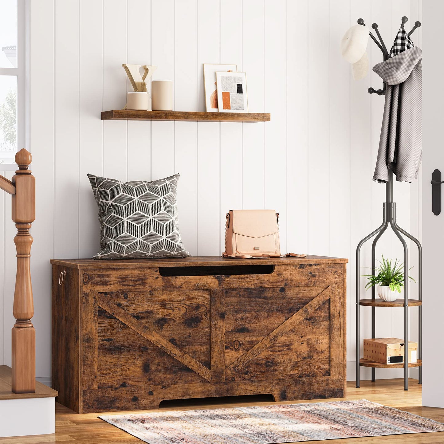 HOOBRO Storage Bench, 39.4” Retro Wooden Storage Chest with U-Shaped Cut-Out Pull, Safety Hinge, Supports 220 lb and Easy Assembly for Toy Box Organizer (Rustic Brown) BF771CW01G1