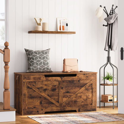 HOOBRO Storage Bench, 39.4” Retro Wooden Storage Chest with U-Shaped Cut-Out Pull, Safety Hinge, Supports 220 lb and Easy Assembly for Toy Box Organizer (Rustic Brown) BF771CW01G1