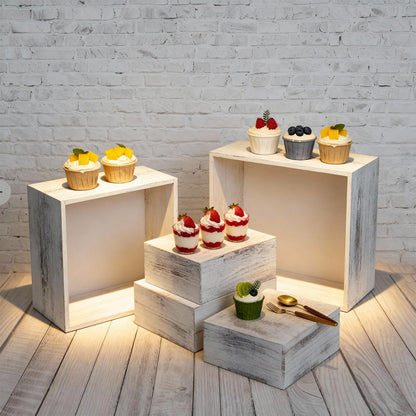 Vankcp Set of 4 Wooden Cake Stands, Square Wooden Crates, Antique White Cupcake Stands, 12 inches Rustic Square Cupcake Box,Wood Display Risers for Wedding,Birthday Party,Christmas(Antique White)