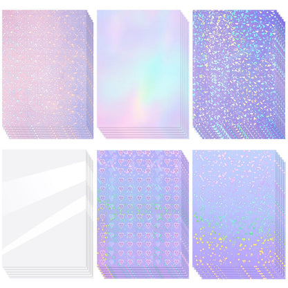 Clabby 36 Sheets Holographic Sticker Paper A4 Vinyl Holographic Laminate Sheets Self Adhesive Waterproof Transparent Film, 11.7 x 8.3 inches(Gem, Dot, Colorful, Star, Heart, Glossy Clear)
