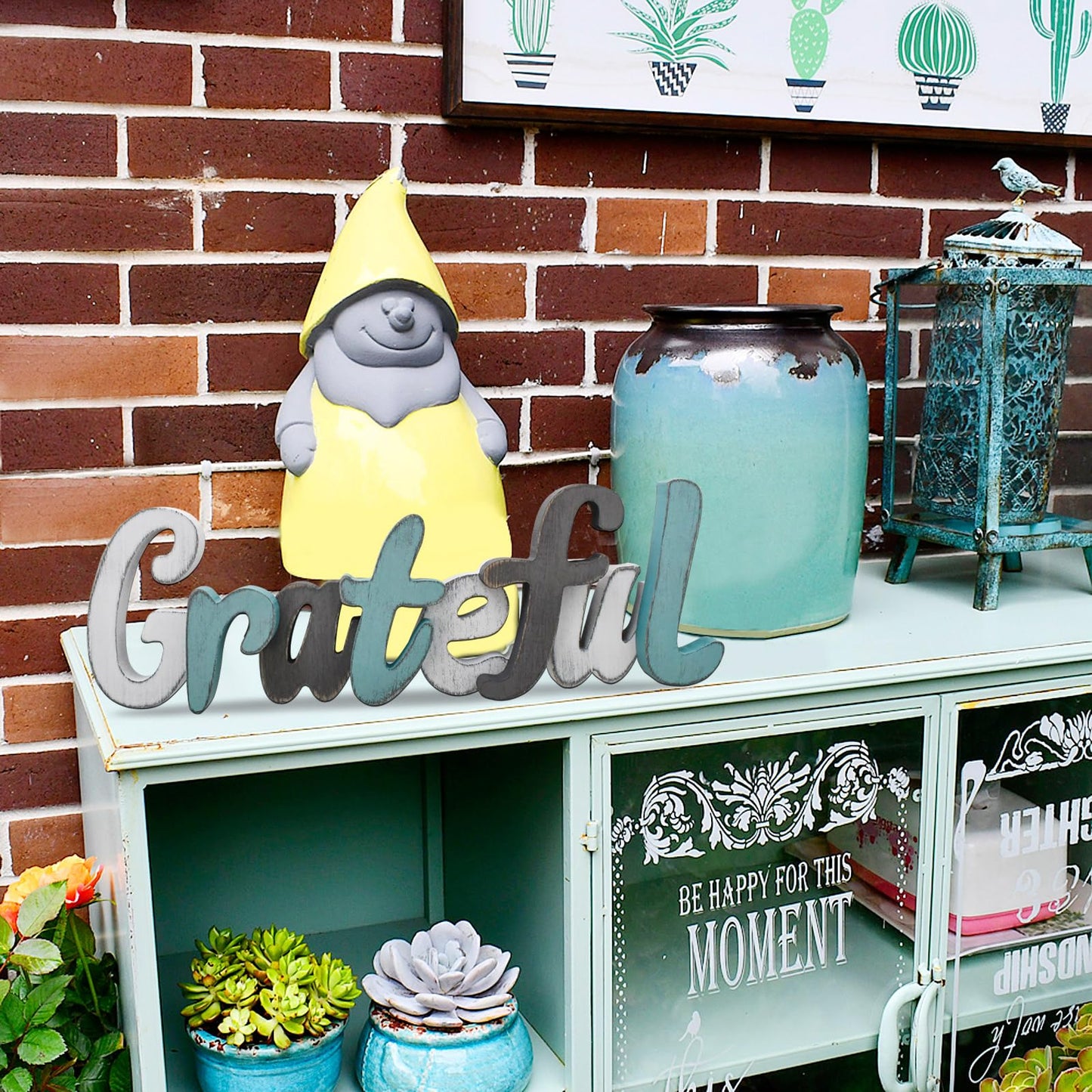 Rustic Wooden Teal Home Sign Decorative Cutout Letters Freestanding Block Word Sign Hanging Ornament Table Shelf Decor (Grateful)