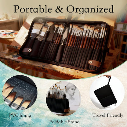 26Pcs Paint Brush Set with Stand-Up Brush Case, Travel Watercolor Acrylic Paint Brushes with Flat, Filbert, Fan, Dagger, Cat Tongue, Round, Palette Knife, Professional Kit for Oil, Artist, Face
