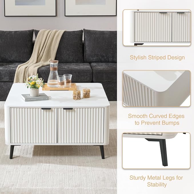 Fatmok Large Lift Top Coffee Table with Hidden Compartment, 35.4" Wide Oversized Square Coffee Table with Storage, Mid Century Modern Fluted Center Table for Home Living Room, White