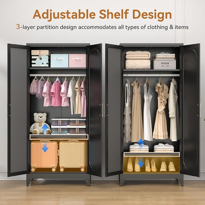 Polup Metal Armoire Wardrobe Closet with Mirror, 71" Tall Steel Clothing Storage Cabinet with Doors, Hanging Rod and Adjustable Shelves, Freestanding Clothes Organizer for Bedroom, Office, Black