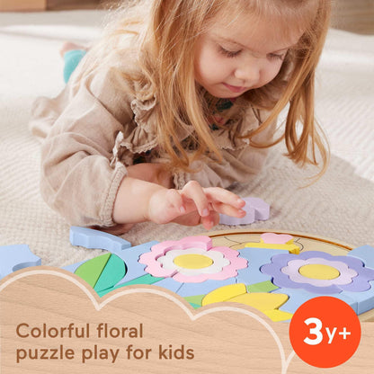 Fisher-Price Wood Preschool Toy Flower Puzzle Blocks, 38-Piece Wooden Stacking Set for Developmental Play Kids Ages 3+ Years