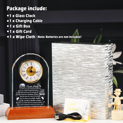 Arikyrist House Warming Gifts Glass Clock with Wooden LED Light Base for Women Men Unique New Home Gift Ideas Crystal House Warming Gifts for Couples Family Home Blessing Keepsakes Tabletop Decor