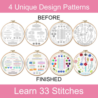 Moni Crafts Embroidery Kit for Beginners – DIY Hand Embroidery Set for Adults with 4 Stamped Patterns, Hoop, Threads, Needles and Step-by-Step Stitch Guide to Learn 33 Stitches
