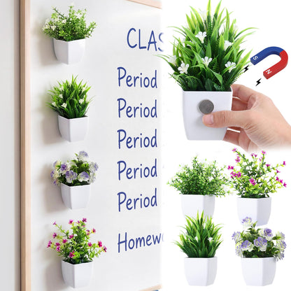 Suncalla 4 Pack Mini Magnetic Fake Plants for Classroom Whiteboard Small Artificial Potted Plants with Faux Flowers Decorative 3D Magnets for School Office Home Decor(Flower)