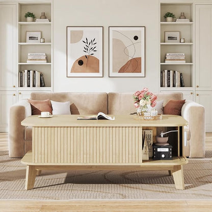 HUAHUU Coffee Table with Storage, 37.4" Lift Top Table for Living Room, Mid Century Modern Coffee Table with Sliding Fluted Doors for Small Space, Light Oak