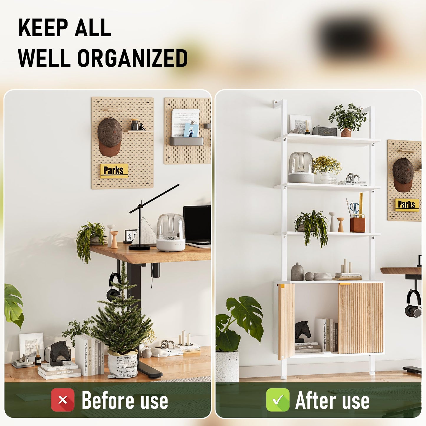INNOD 74" Tall Bookshelf with Storage Cabinet, Modern Ladder Shelf with Wood and Metal Frame, Wall Mount Bookcase Open Display Shelf Furniture for Living Room, Bedroom, Home Office, White and Oak