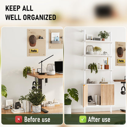 INNOD 74" Tall Bookshelf with Storage Cabinet, Modern Ladder Shelf with Wood and Metal Frame, Wall Mount Bookcase Open Display Shelf Furniture for Living Room, Bedroom, Home Office, White and Oak