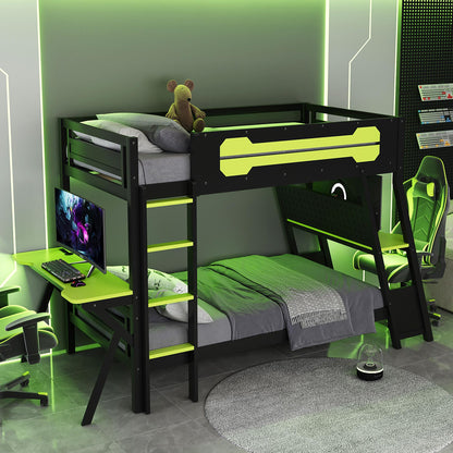 DNYN Gaming Bunk Bed with Dual Built-in Desks and USB Ports for Teens/Adults Bedroom, Twin Size Wooden Bed Frame with Pegboard Organizer/Ladder/Guardrails, No Box Spring Needed & Space-Saving