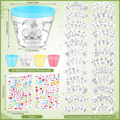 SiliFine 24 Pcs Spring DIY Flower Pots Crafts with 24 Drawing Inserts and 4 Sheets Rhinestone Sticker Color Your Own Flower Plant Pot DIY Art Projects Fun Activities Mother's Day Gift