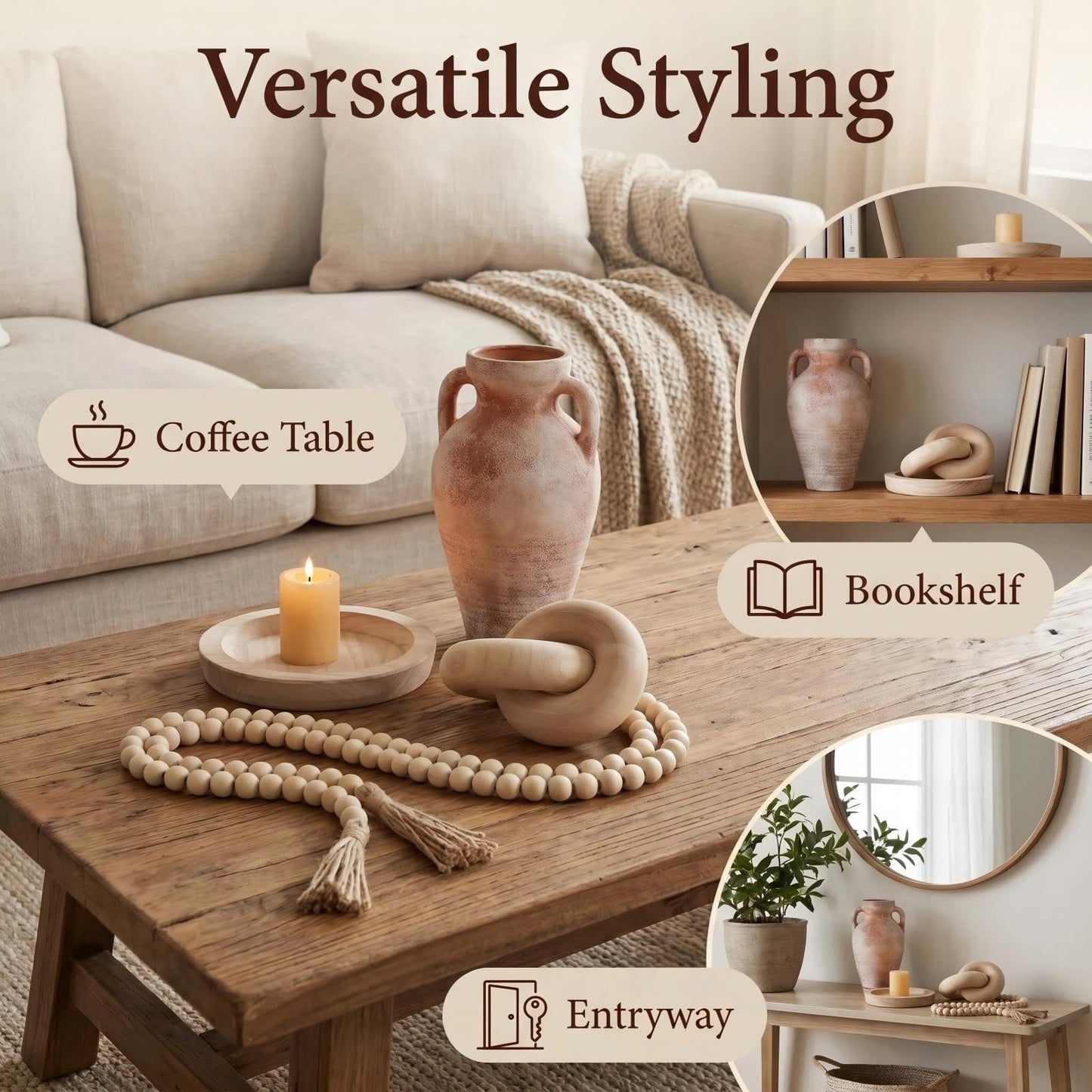 3 PCS Farmhouse Coffee Table Decor - Wooden Tray, Wood Knot Decor & Wood Bead Garland with Tassels, Ideal Tray Decor Items, Coffee Table, or Shelf Displays for Living Rooms, Bedrooms, or Entryways