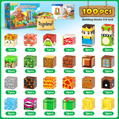 100PCS Magnetic Blocks Magnetic Building Blocks Sensory Toys for Kids Ages 3-5 6-8 8-12 Kids Game Toys for 3+ Year Old Boys & Girls, Mine Magnet World Craft 3 4 5 6 7 8 9 Year Old Boy Birthday Gift