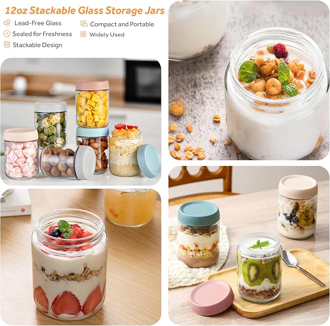 16 oz/480 ml Glass Storage Canister with Airtight Lid, 4 Pack Clear Overnight Oats Containers, Cute Decorative Mason Salad Jar for Snacks, Yogurt, Cereal, Fruit, Spice, Sugar, Coffee, Tea