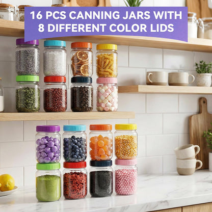 novelinks 16 oz Plastic Mason Jars with Colorful Lids, Leakproof 16oz Clear Plastic Jars with Lids, Reusable Storage Containers for Household Use (16 Pack)