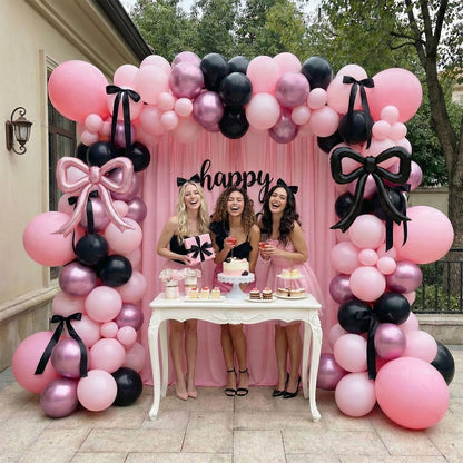 coquette birthday decorations 150pcs balloon garland arch kit with metallic purple pink black bow cake topper ribbon bow tie and mylar foil balloons for girls bachelorette party decorations