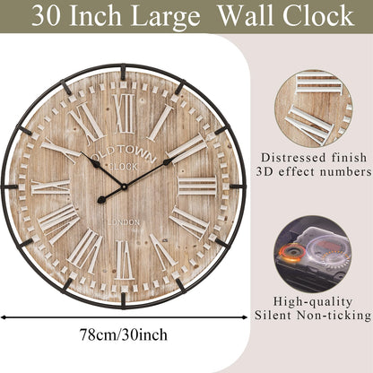EMAX HOME 30 Inch Extra Large Wall Clock - Farmhouse Rustic Wood & Metal Design Silent Non-Ticking Battery Operated Decorative Oversized Clock for Living Room, Kitchen, Office & Bedroom