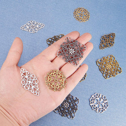 PH PandaHall 40pcs Filigree Connectors, 3 Color Rhombus Flower Charms Hollow Pendants Tibetan Metal Filigree Embellishments for DIY Hairpin Headwear Earring Necklace Jewelry Making