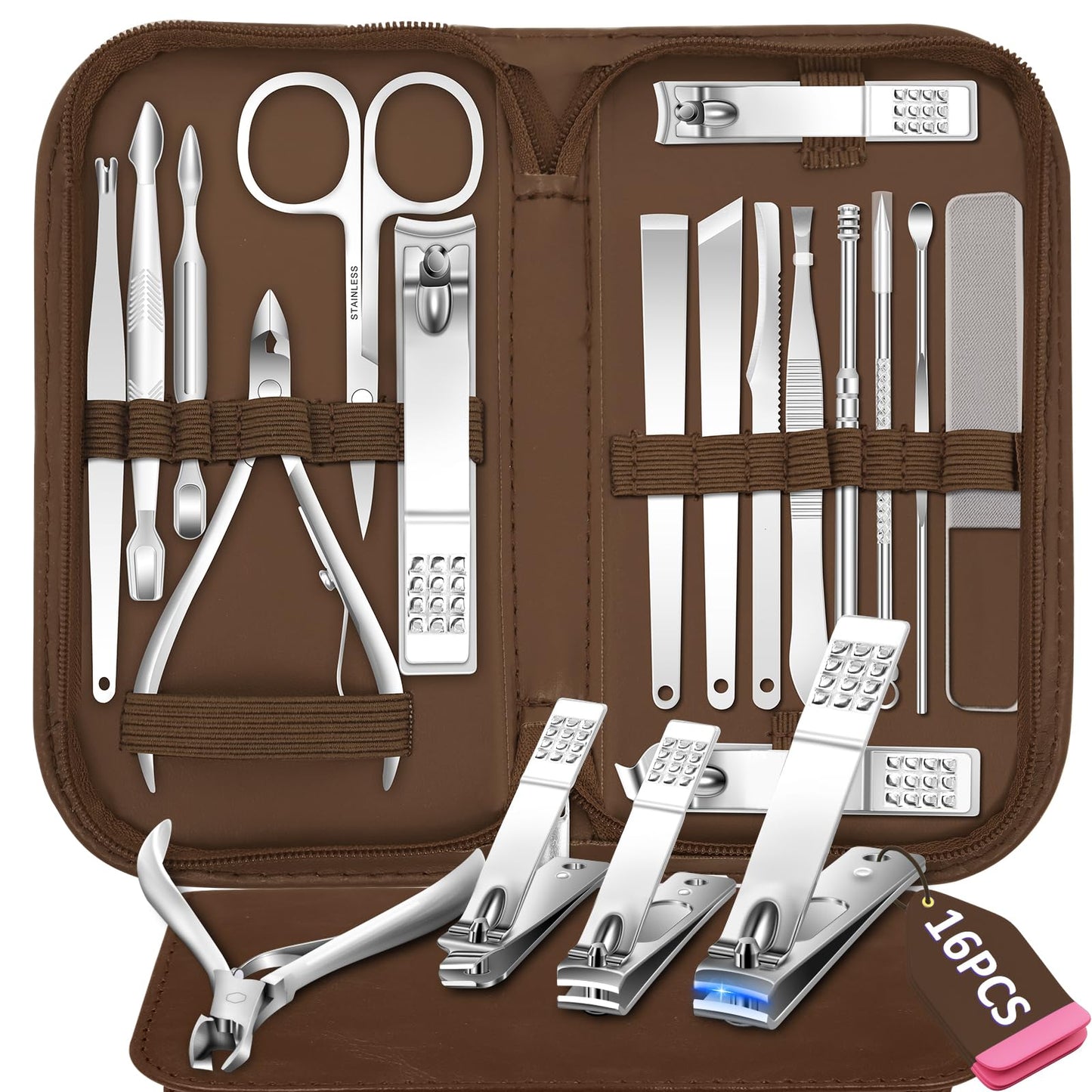 Manicure Set 16Pcs Professional Stainless Steel Pedicure Kit Mens Grooming Kit Fingernail & Toenail Clippers Set Manicure Kit with Luxurious Travel Bag, Sharp Nail Scissors and Clipper (Purple)