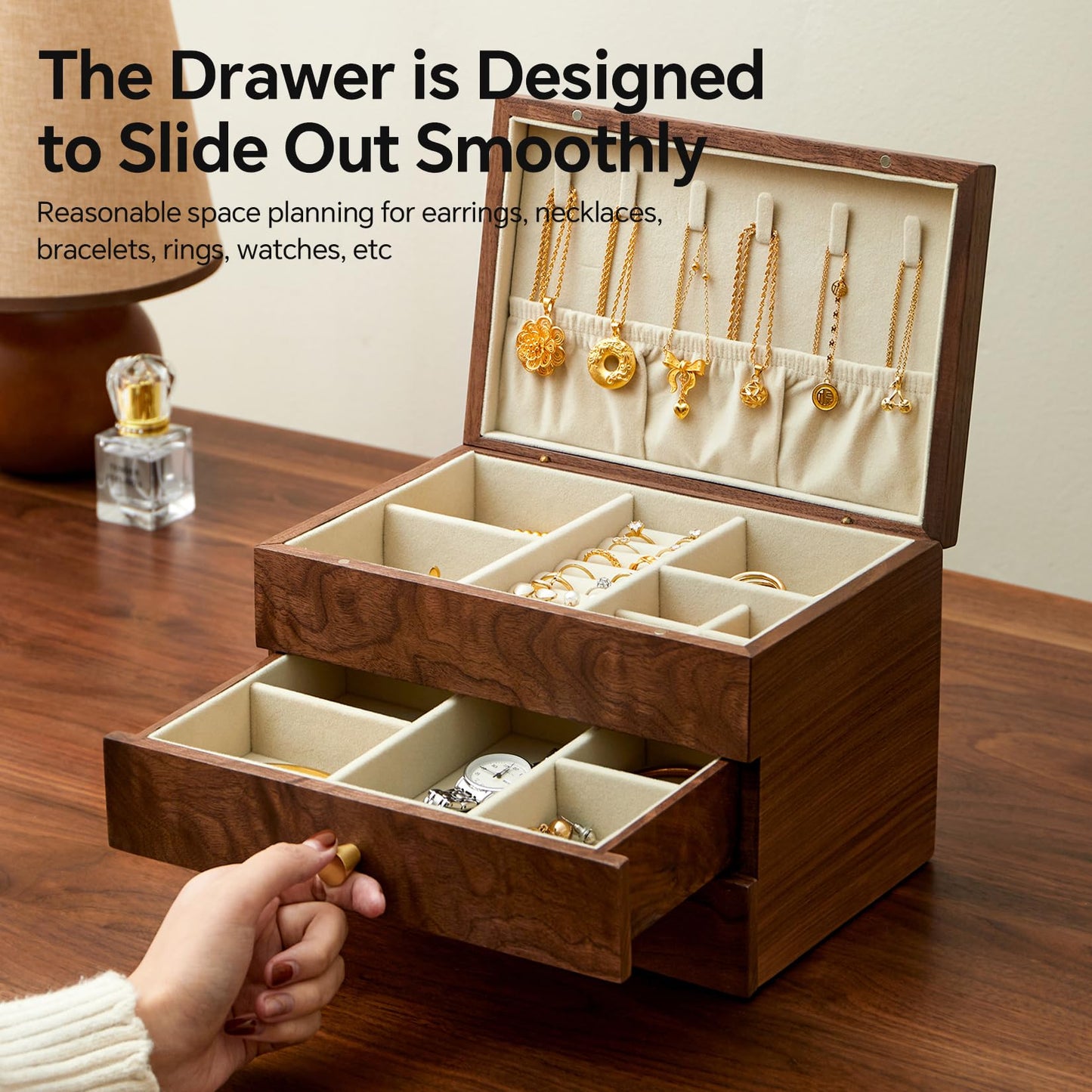 THFLSTR Jewelry Box Organizer for Women & Men, Black Walnut 3 Layer Wooden Jewelry Box with Velvet Lining, Earring & Ring Organizer, Large Capacity Drawer Design for Necklaces, Bracelets (3 layers)
