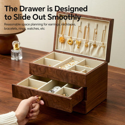 THFLSTR Jewelry Box Organizer for Women & Men, Black Walnut 3 Layer Wooden Jewelry Box with Velvet Lining, Earring & Ring Organizer, Large Capacity Drawer Design for Necklaces, Bracelets (3 layers)