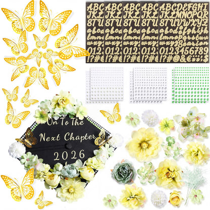 Hoteam DIY Graduation Cap Decorations Kit Included Faux Flowers 3D Butterfly Self Adhesive Rhinestones Glitter Alphabet Letter Stickers for 2026 Grad Cap Topper Party Gifts Decor(Green)