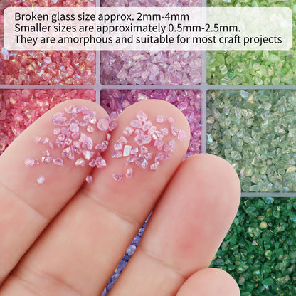 24 Colors Iridescent Crushed Glass Craft Glitter 240g,2-4mm Craft Small Broken Glass Pieces Irregular Metallic Crystal Chips Chunky Flakes Sequins for Resin Art, Epoxy Jewelry, Nail Art, Vase Filler