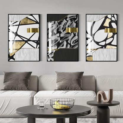 QKF large bright abstract geometric wall decoration, modern minimalist black and white wall art, suitable for bedroom, living room, bathroom, office, home poster printing 20 "X 28" inch 3-piece set