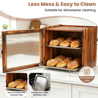 Keeswin 2-Layer Wooden Bread Box for Kitchen Countertop with Removable Tray
