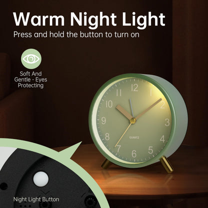 Analog Alarm Clock, 4 inch Super Silent Non Ticking Small Clock with Night Light, Battery Operated, Simple Design, easy setting for Office, Bedroom, Bedside, Desk, teens, elders, kids, adult, Green