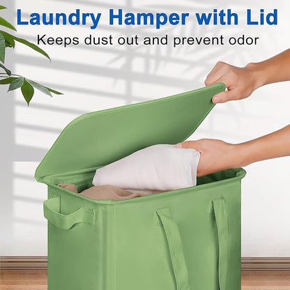 Slim Laundry Hamper with Lid and Wheels, Small Rolling Laundry Basket with