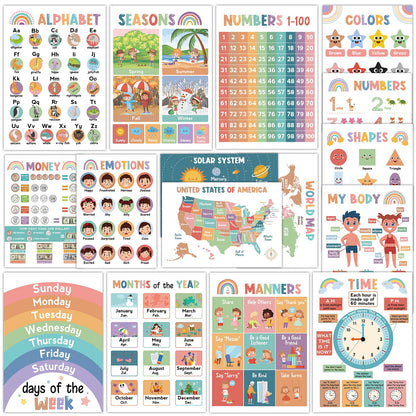 16Pcs Educational Posters for Toddlers 1-3, Learning Posters for Toddlers 1-3, ABC Poster for Kids Ages 3-5, Preschool Posters 1 2 3 Year Old, Kindergarten Homeschool Classroom Must Haves Wall Decor
