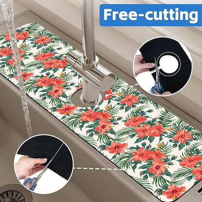 Tropical Leaves and Red Floral Kitchen Sink Splash Guard Mat Absorbent Fast
