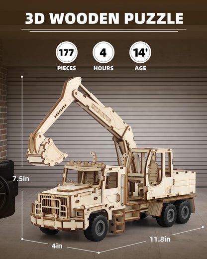MOCBURIKU 3D Wooden Puzzle for Adults, Excavator Wooden Mechanical Model Car Kits to Build, Brain Teaser Pull Back Truck Toys Birthday for Men Women (Excavator)