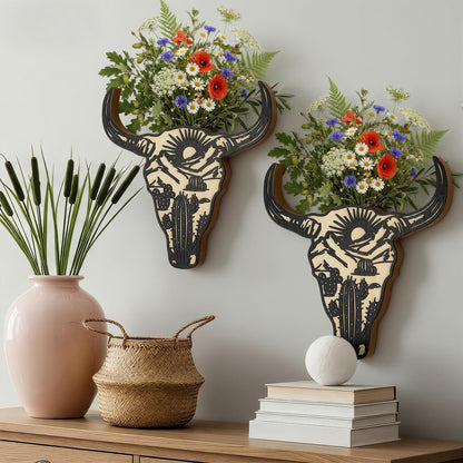 Yiyiring 2 Pcs Western Wall Decoration Wood Cow Skull Wall Planter for Indoor Plants 12 x 8'' Western Flower Hanging Vase for Flower Faux Rustic Home Ornaments for Bathroom Bedroom