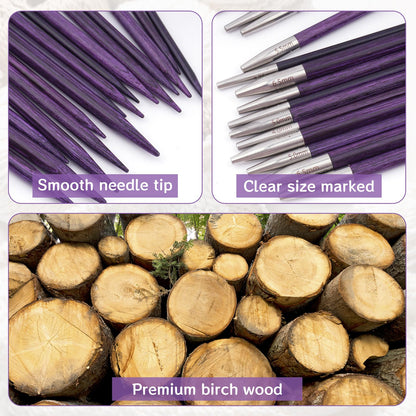 BsHooker Interchangeable Circular Knitting Needles Set with Case,3.5mm-6.5mm Birch Wood Knitting Needles Set with Cables,Complete Accessories