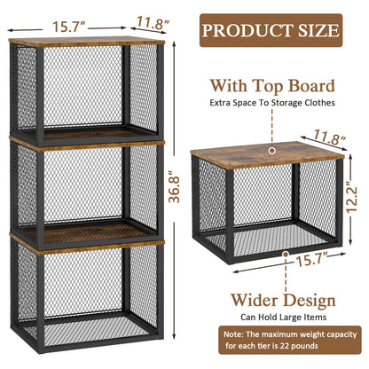 3 Pack Stackable Closet Organizers and Storage Basket, Closet Shelves with Wood Top Extra Storage, Multifunctional Clothes Organizer Bins/Cube Storage Drawer for Wardrobe Kitchen Laundry Room, Black